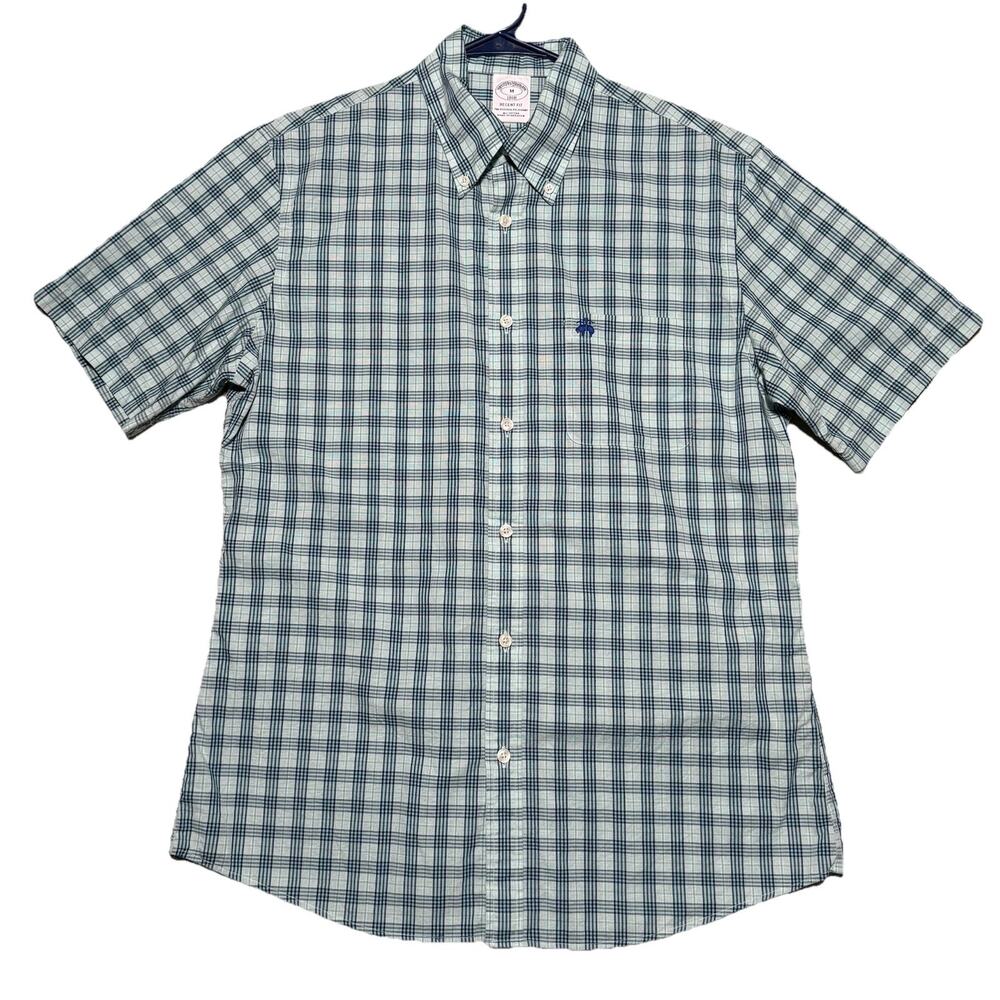 Brooks Brothers Blue Regent Fit Non-Iron Stretch SS Button Down Shirt Logo Sz M